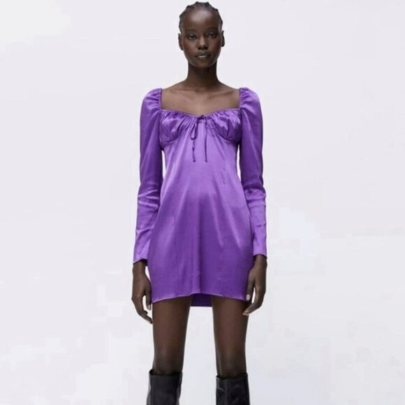 ZARA Women's Large Lilac Purple Gathered Ruched Satin Effect Mini Dress - Picture 12 of 12
